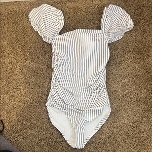 PUFF SLEEVE ONE PIECE IN WHITE & BLACK STRIPE BY PINK DESERT